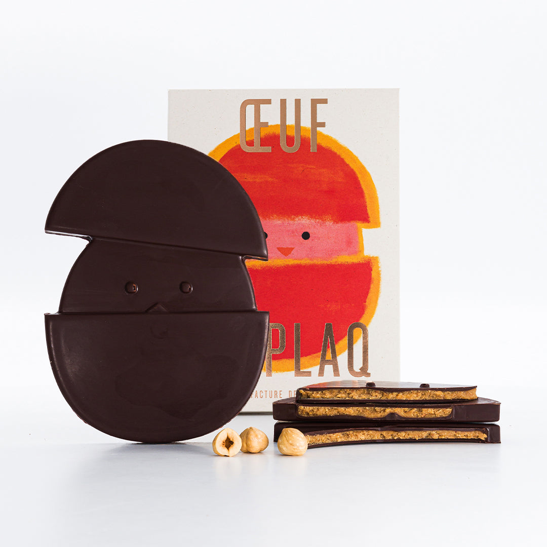 OEUF DE PLAQ PUR NOIR PRALINÉ NOISETTES